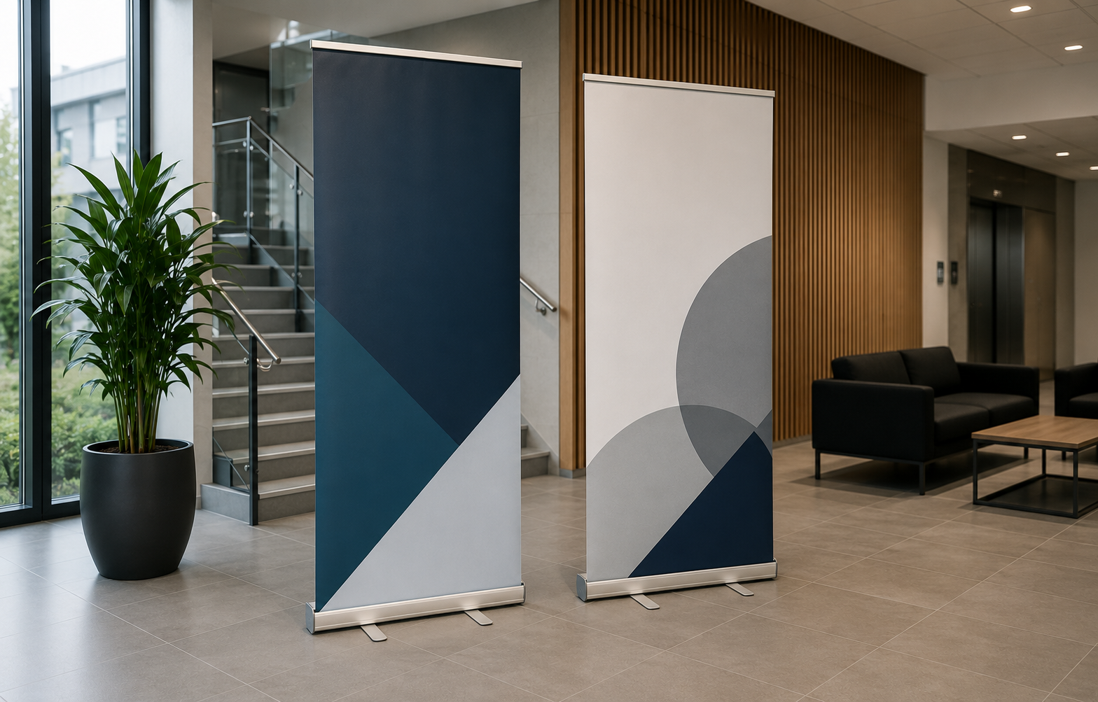 Roll-up-mainostelineitä sisätilassa